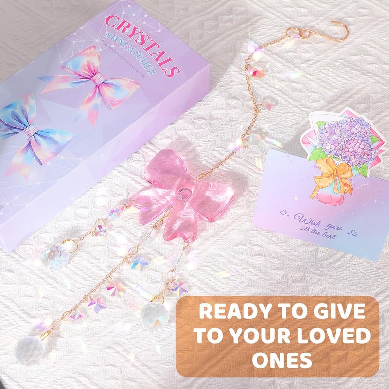 Hoemwarm Crystal Suncatchers for Window Pink Bow Ornaments Hanging Clear Wind Chime with Chains for Garden Wedding Girls Mom Room Decor Xmas DIY Gift - Image 3
