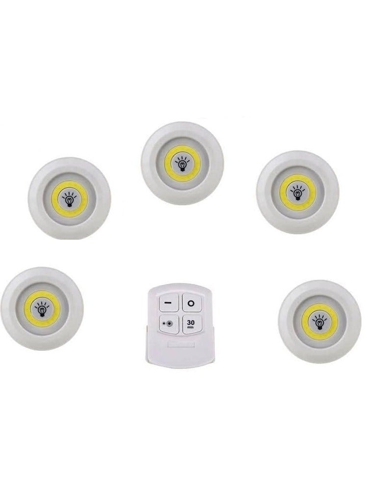 مجموعة من 5 أضواء الليد قابلة للتعديل لاسلكية مع ريموت تحكم، ابيض