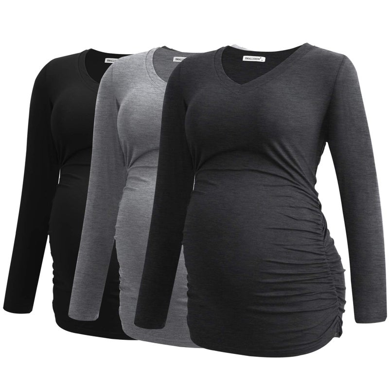 Smallshow Women's V-Neck Maternity Shirt Clothes Long Sleeve Ruched Pregnancy Top Small Black-Deep Grey-Light Grey