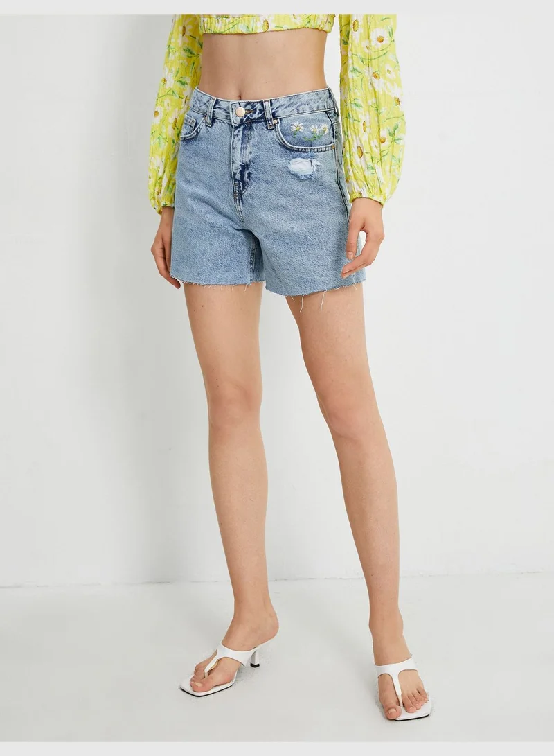 كوتون Embroidered Mini Destroyed Jean Shorts
