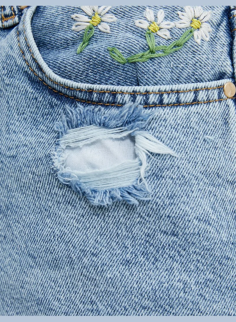 كوتون Embroidered Mini Destroyed Jean Shorts