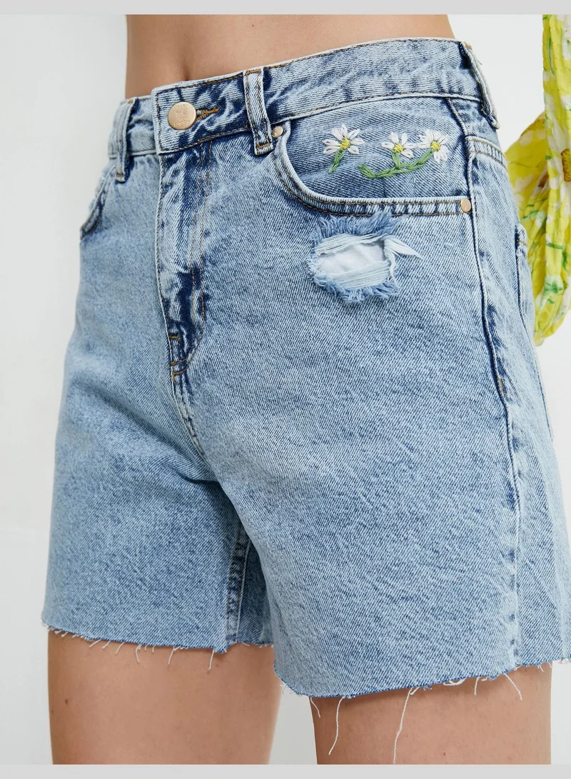 كوتون Embroidered Mini Destroyed Jean Shorts