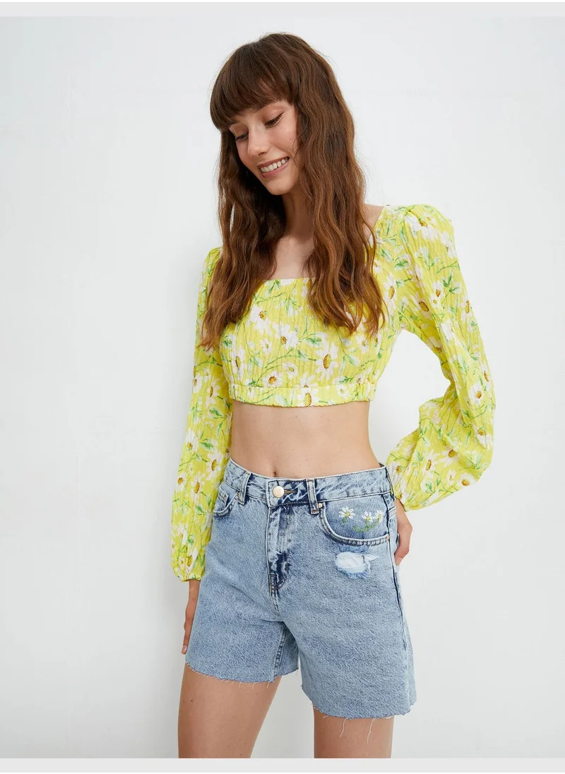 KOTON Embroidered Mini Destroyed Jean Shorts