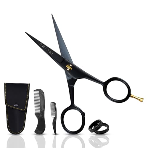 Ontaki Professional Beard Scissors for Men - 5 in Hand-Forged Black 410C German Steel - Includes 2 Combs & PU Pouch - Beard & Mustache Grooming Kit - Image 1