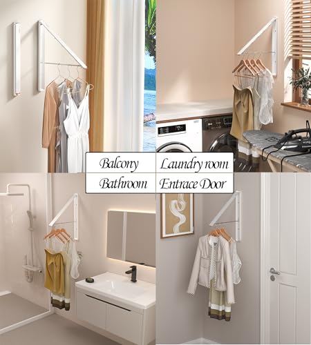 Dr.DJ DrDJ Clothes Drying Rack Wall Mounted Retractable Foldable Clothes Hanger for Laundry Room Organization and Storage Clothes Hanger Rack for Dorm Closet Balcony Laundry Room1P Metal White - Image 3