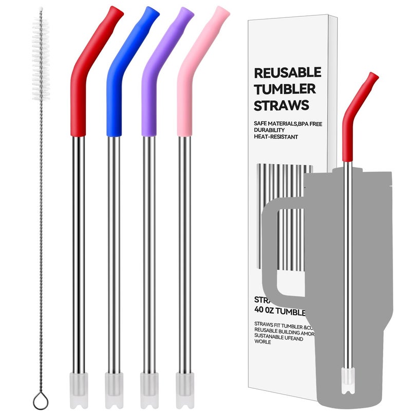 Prurex Reusable Metal Straws with Silicone Tips4 Pack Stainless Steel 122 ExtraLong Drinking Straw Set for StanleySimple Modern 40 oz Tumbler EasyClean BPAFree031 Tips 2