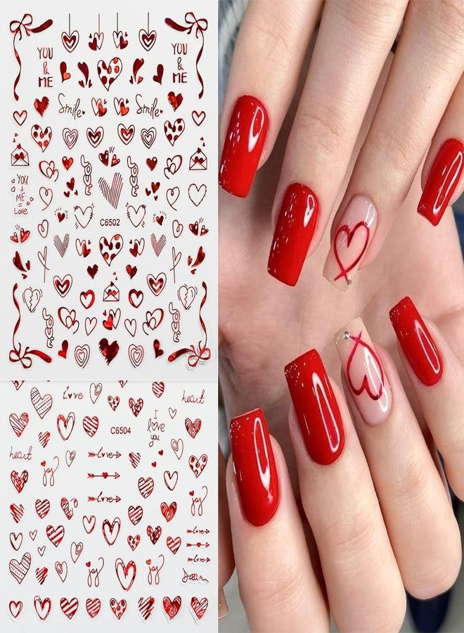 DOCVOEOMH Heart Nail Art Stickers 8 Sheets Valentines Laser Red Heart Nail Decals 3D Self Adhesive Glitter Valentine Love Red Hearts Nail Art Stickers for DIY Nail Decorations Manicure Accessories - Image 2