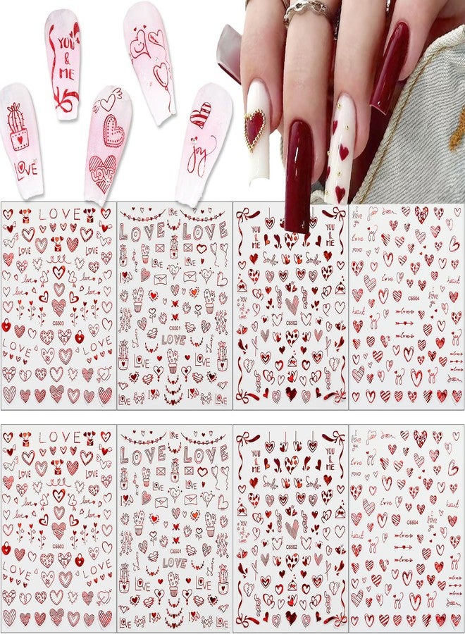DOCVOEOMH Heart Nail Art Stickers 8 Sheets Valentines Laser Red Heart Nail Decals 3D Self Adhesive Glitter Valentine Love Red Hearts Nail Art Stickers for DIY Nail Decorations Manicure Accessories - Image 1