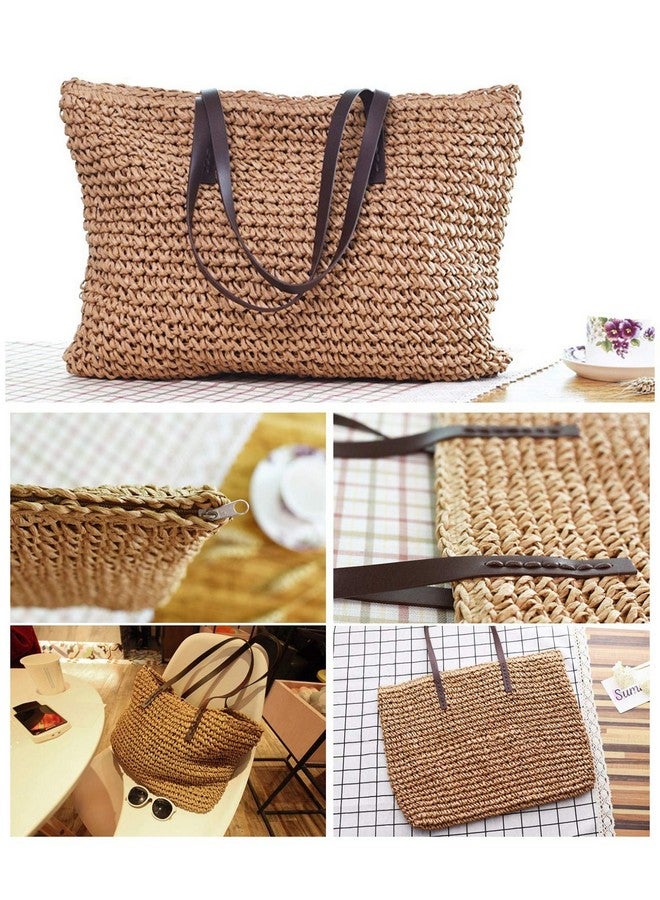 Ayliss Women Straw Woven Tote Large Beach Handmade Weaving Shoulder Bag Purse Straw Handbag (Square Khaki 2) - Image 2