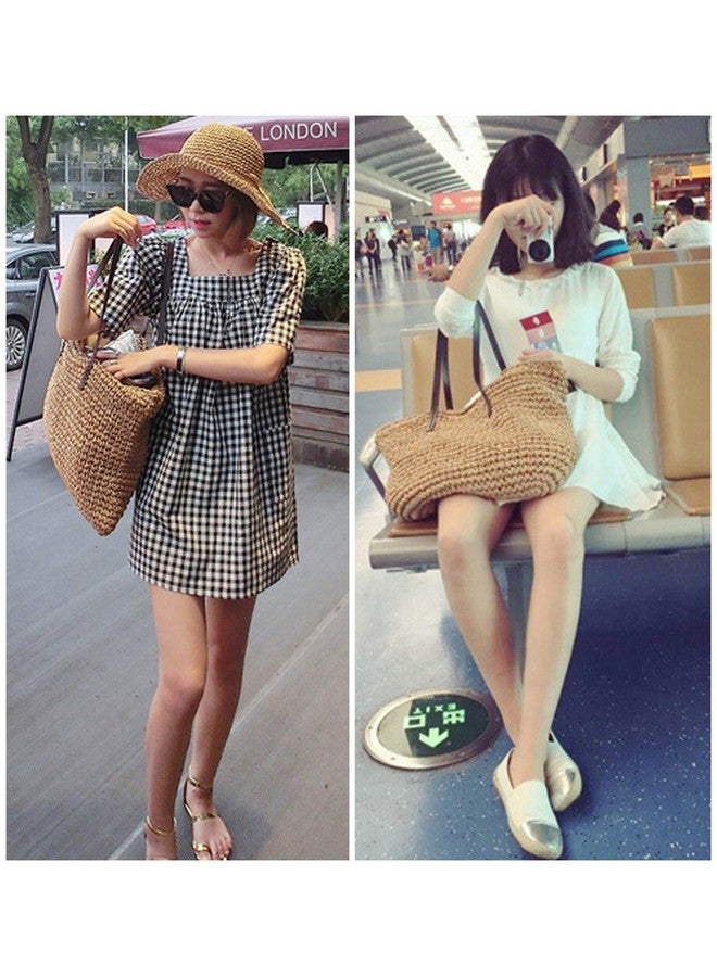 Ayliss Women Straw Woven Tote Large Beach Handmade Weaving Shoulder Bag Purse Straw Handbag (Square Khaki 2) - Image 4