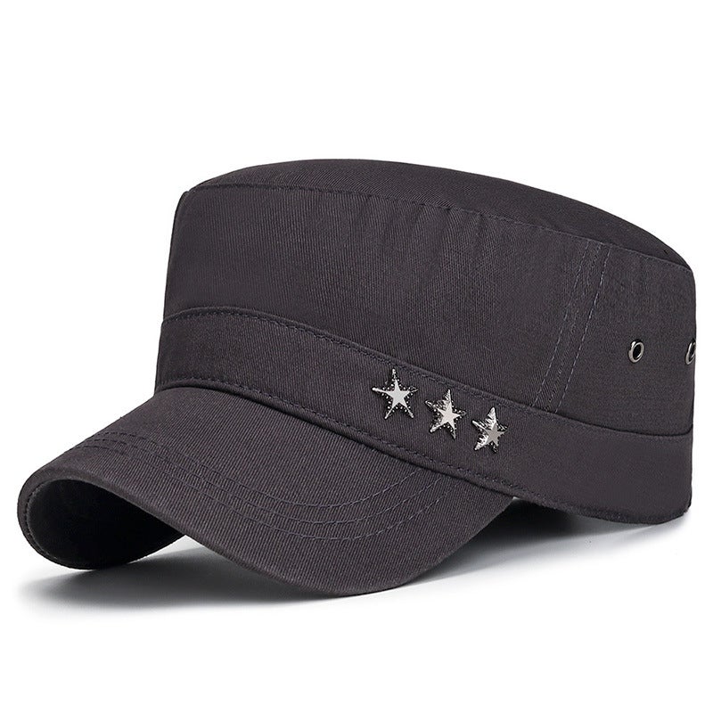 Spring Autumn Mens Adjustable Cotton Flat Cap with Metal Five-Star Army Green  - Image 2