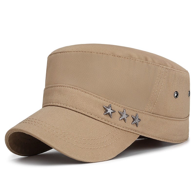 Spring Autumn Mens Adjustable Cotton Flat Cap with Metal Five-Star Army Green  - Image 4