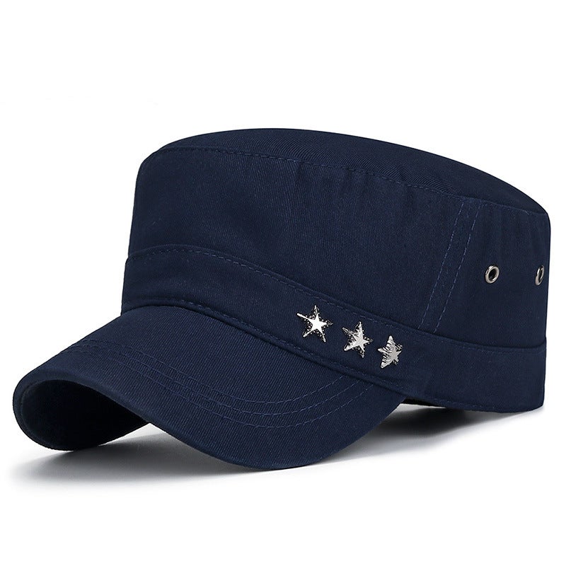 Spring Autumn Mens Adjustable Cotton Flat Cap with Metal Five-Star Army Green  - Image 3