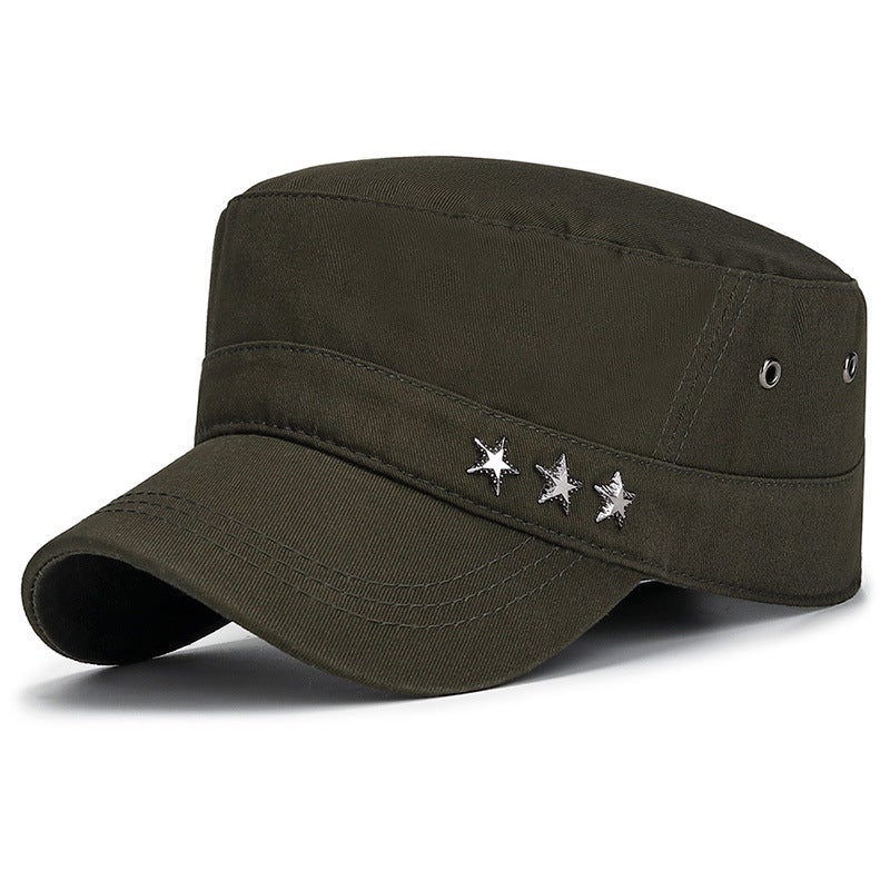 Spring Autumn Mens Adjustable Cotton Flat Cap with Metal Five-Star Army Green  - Image 1