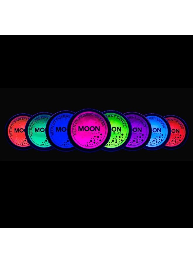 Moon Glow Blacklight Neon UV Pigment Shaker 0.1oz Set of 8 – Glows brightly under Blacklights/UV Lighting! Use on the face/body, as loose eye shadow and for nail art - Image 1