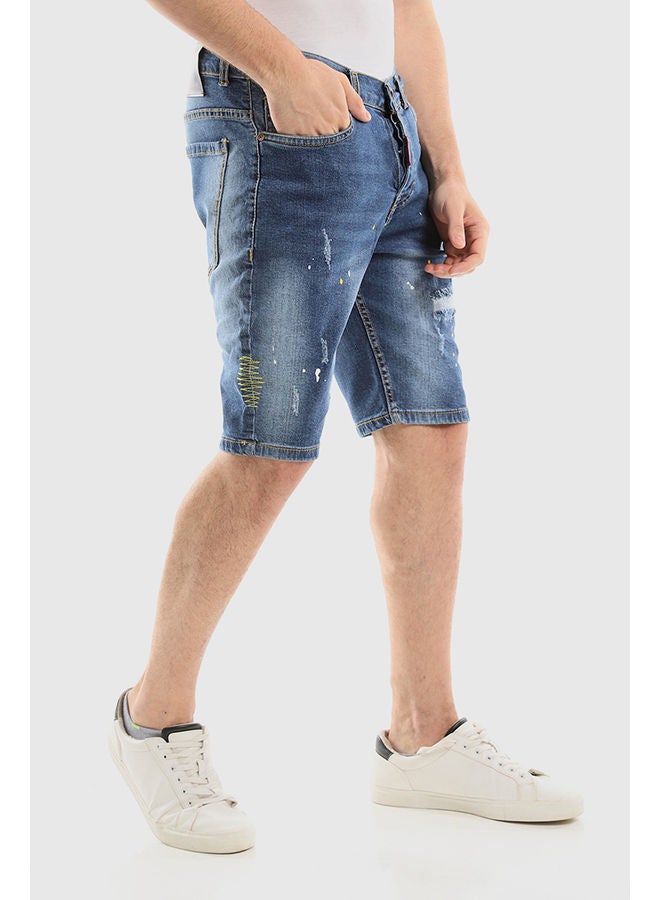 WHITE RABBIT Splatter Pattern Ripped Medium Washed Jeans Shorts  - Image 2