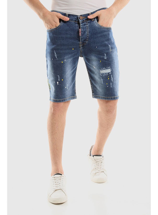 WHITE RABBIT Splatter Pattern Ripped Medium Washed Jeans Shorts  - Image 1