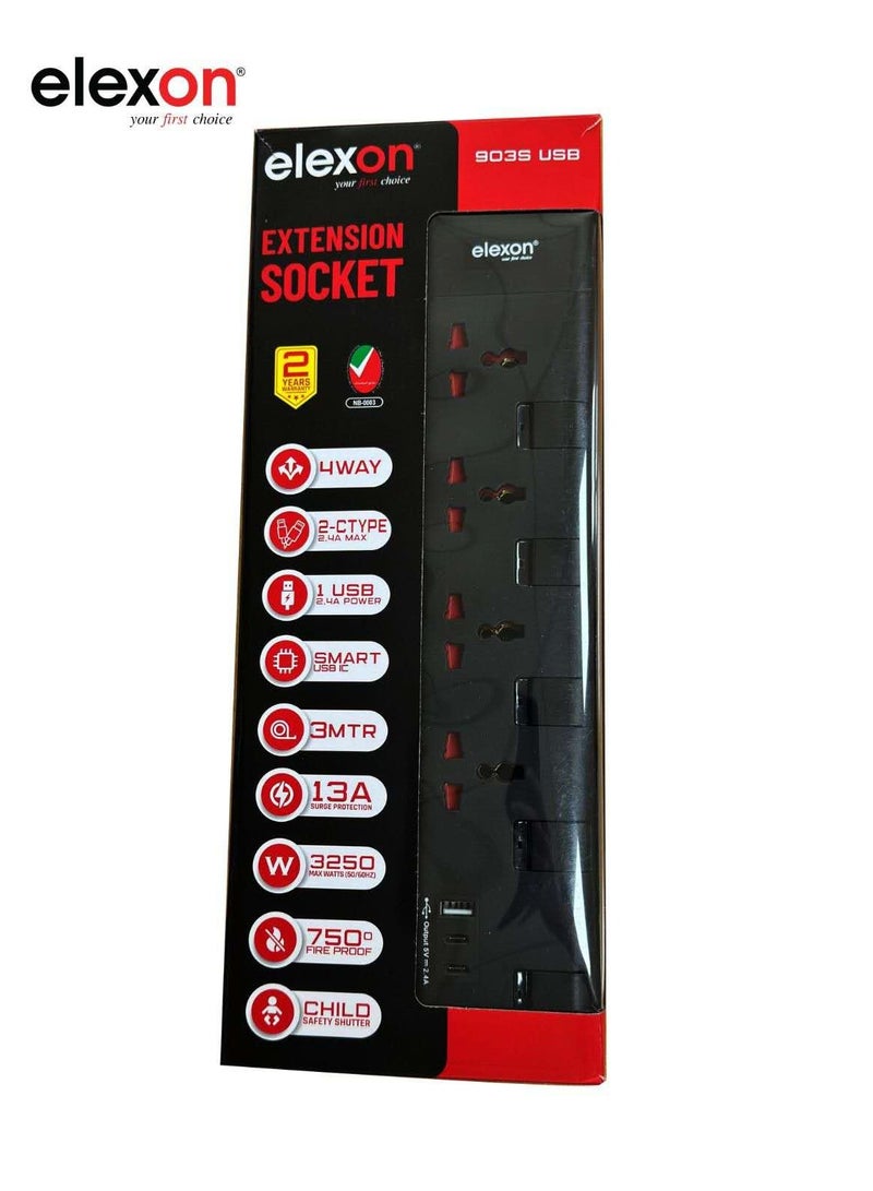 ELEXON Power Extension Board with 4 AC Sockets, 1 USB Ports and 2 C type Ports, Surge Protection, Flame-proof Material, Child Safety Shutters, Ideal for Charging Multiple Devices, 3 Meter Cord Black - Image 2