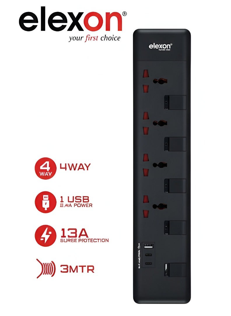 ELEXON Power Extension Board with 4 AC Sockets, 1 USB Ports and 2 C type Ports, Surge Protection, Flame-proof Material, Child Safety Shutters, Ideal for Charging Multiple Devices, 3 Meter Cord Black - Image 1