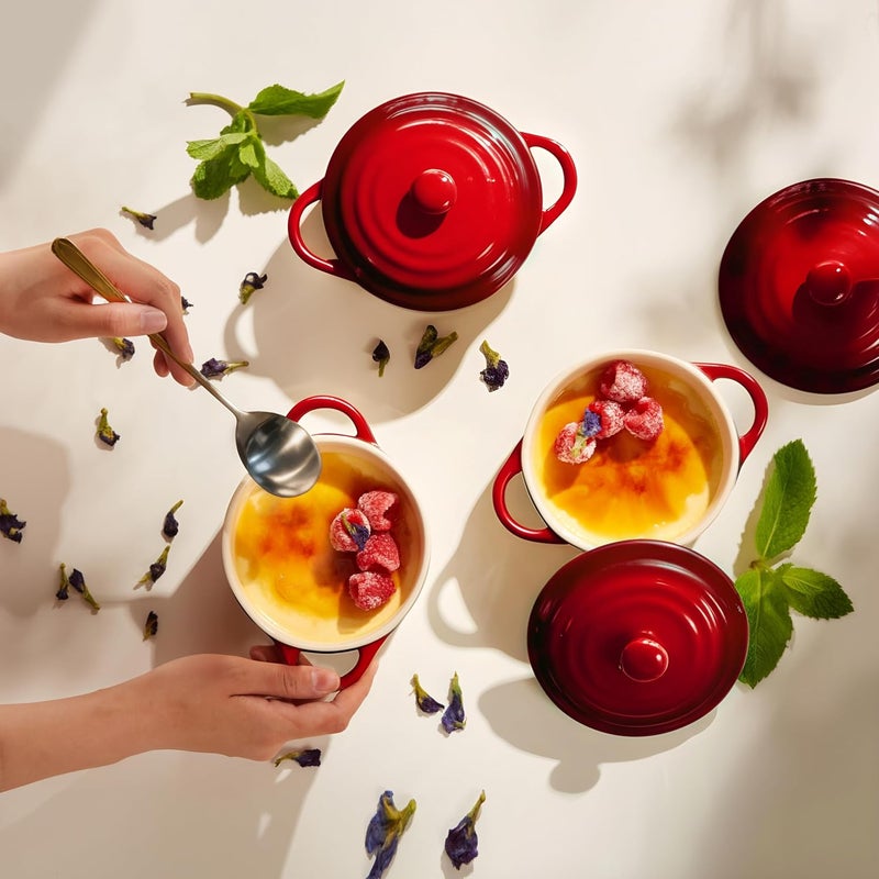 Kook Ceramic Mini Cocotte Set, Small Casserole Dishes with Lids and Handles, Individual Baking Ramekins, Oven, Microwave & Dishwasher Safe, Stoneware, 12 oz, Set of 4 (Crimson Ombre) - Image 4
