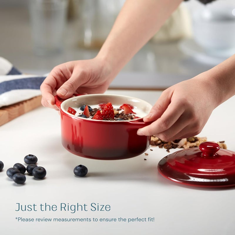 Kook Ceramic Mini Cocotte Set, Small Casserole Dishes with Lids and Handles, Individual Baking Ramekins, Oven, Microwave & Dishwasher Safe, Stoneware, 12 oz, Set of 4 (Crimson Ombre) - Image 5