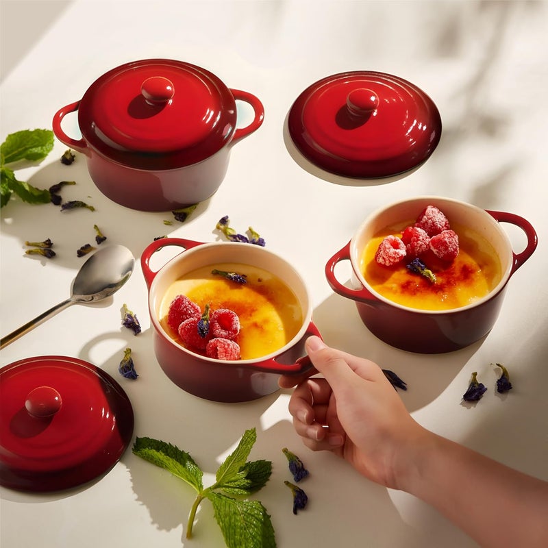 Kook Ceramic Mini Cocotte Set, Small Casserole Dishes with Lids and Handles, Individual Baking Ramekins, Oven, Microwave & Dishwasher Safe, Stoneware, 12 oz, Set of 4 (Crimson Ombre) - Image 2