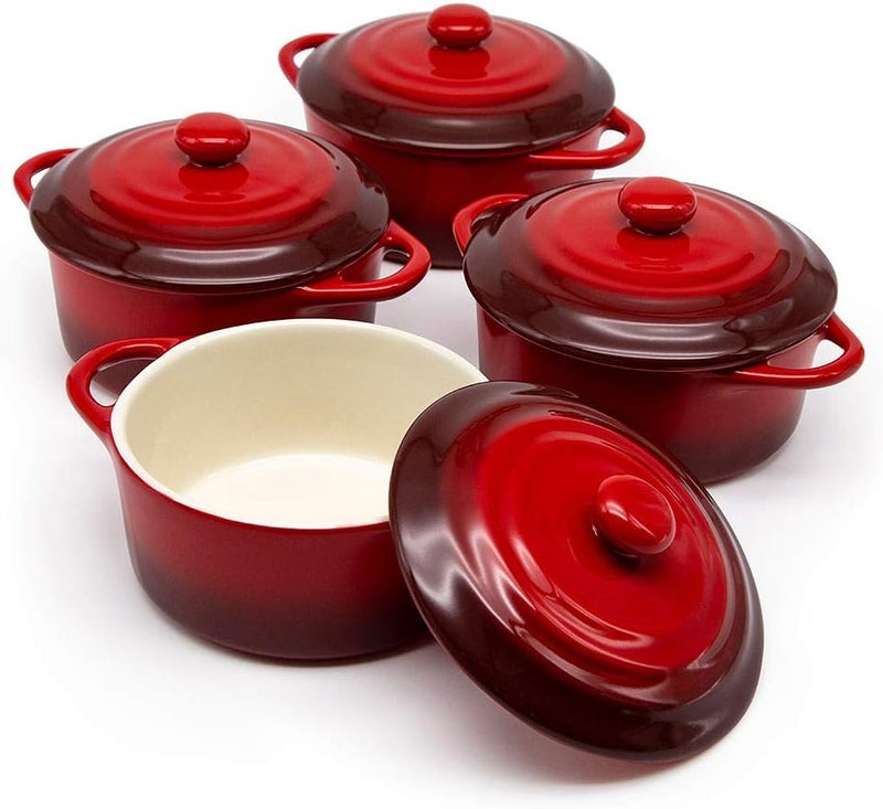 Kook Ceramic Mini Cocotte Set, Small Casserole Dishes with Lids and Handles, Individual Baking Ramekins, Oven, Microwave & Dishwasher Safe, Stoneware, 12 oz, Set of 4 (Crimson Ombre) - Image 1