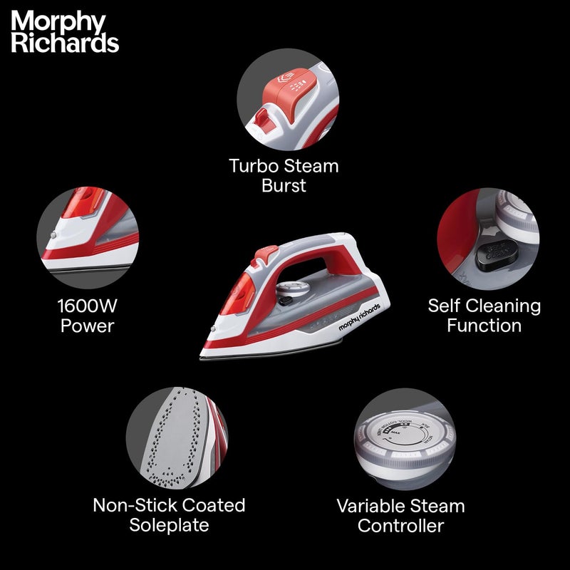 Morphy Richards Plastic Ultra Glide 1600W Steam Iron With Steam Burst Vertical And Horizontal Ironing Teflon Coated Soleplate Red And White 1600 Watts - Image 4