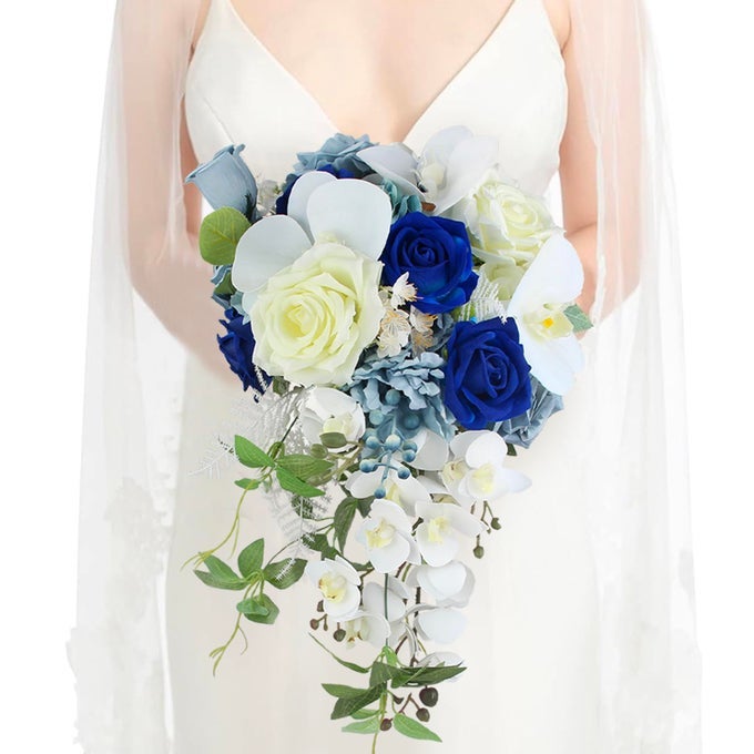 10 WIDE CASCADE BOUQUET FOR BRIDE BLUE CASCADING ARTIFICIAL SILK FLOWERS TEARDROP BRIDAL BOUQUET FOR WEDDING