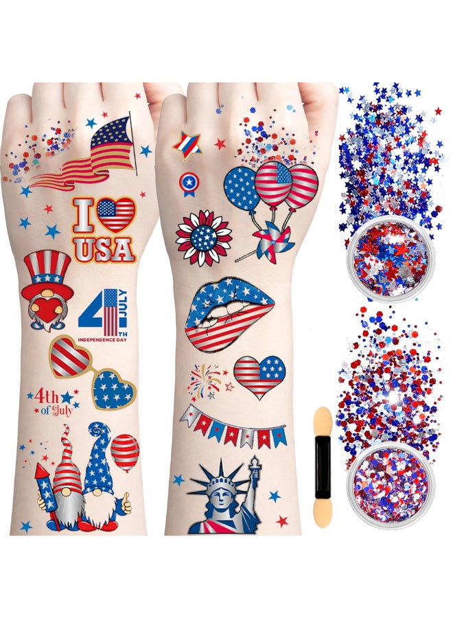 Itscolofy 80PCS 4th of July Temporary Tattoos Red White Blue Glitter Set Patriotic Accessories Kit for USA Independence Day Fourth of July Party Face Body Art Stars Stripes Celebration Decorations - Image 2