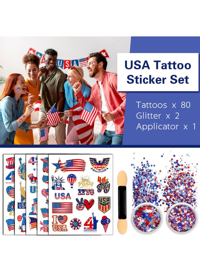 Itscolofy 80PCS 4th of July Temporary Tattoos Red White Blue Glitter Set Patriotic Accessories Kit for USA Independence Day Fourth of July Party Face Body Art Stars Stripes Celebration Decorations - Image 4