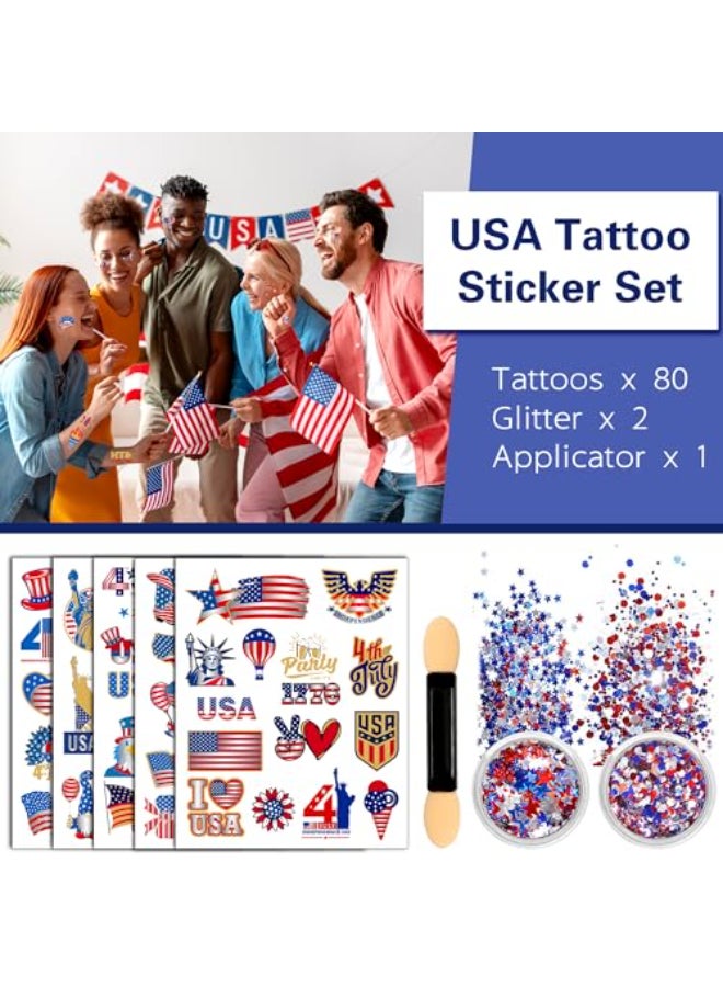 Itscolofy 80PCS 4th of July Temporary Tattoos Red White Blue Glitter Set Patriotic Accessories Kit for USA Independence Day Fourth of July Party Face Body Art Stars Stripes Celebration Decorations - Image 3