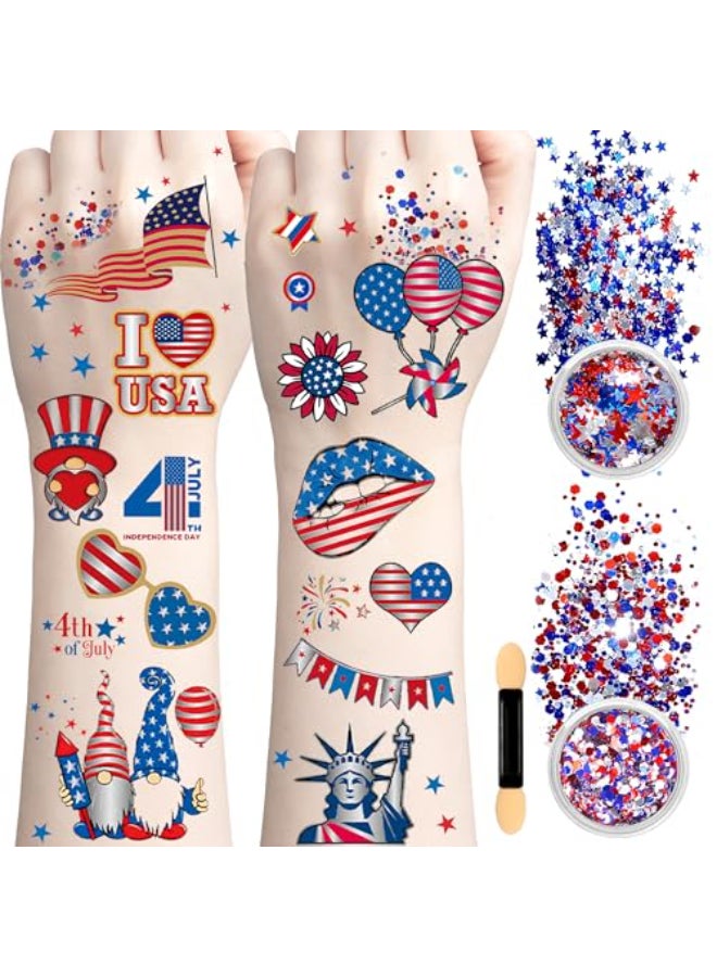 Itscolofy 80PCS 4th of July Temporary Tattoos Red White Blue Glitter Set Patriotic Accessories Kit for USA Independence Day Fourth of July Party Face Body Art Stars Stripes Celebration Decorations - Image 1