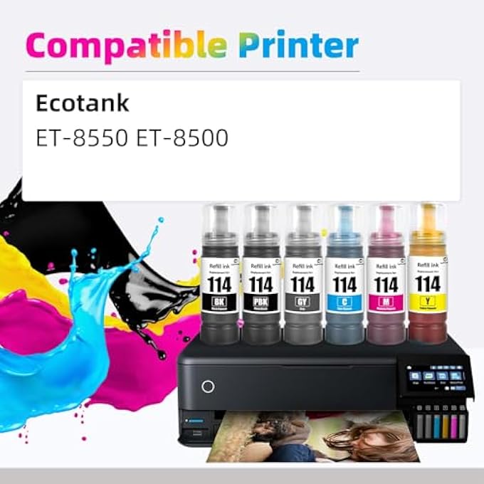 114 INK REPLACEMENT FOR EPSON 114 INK BOTTLE MULTIPACK COMPATIBLE FOR ECOTANK ET-8500 ET-8550 (6-PACK, BLACK/PHOTO BLACK/CYAN/MAGENTA/YELLOW/GREY) - Image 3