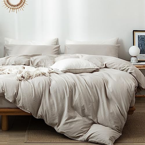 MooMee Bedding Duvet Cover Set 100 Washed Cotton Linen Like Textured Breathable Durable Soft Comfy Heathered Cream Grey Palatial KingOversized King 120x98