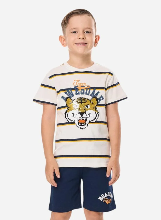 فكتور اند جين Victor And Jane Boys Striped Graphic T-Shirt and Shorts Set