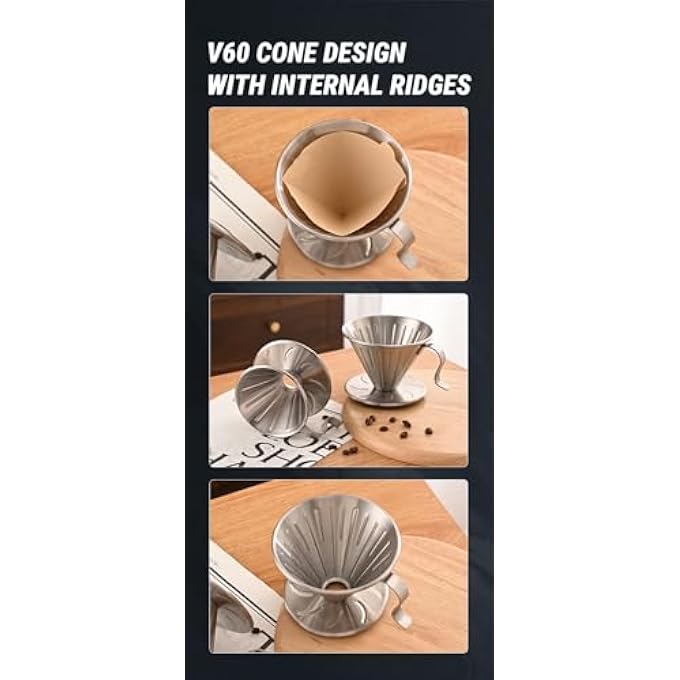 rayihni 304 Stainless Steel Pour Over Coffee Dripper  V60 Cone Design Filter Size 02 For 14 Cups Pour Over Brewer For Home  Camping - Image 5