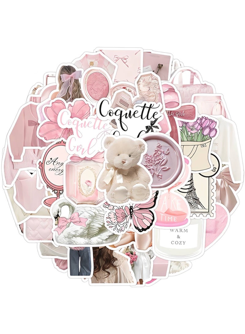 Aura Style 50-Piece Pink Coquette Girl Aesthetic Sticker Pack Cute Parisian and Balletcore Decals for Laptops Planners and Water Bottles - Image 1