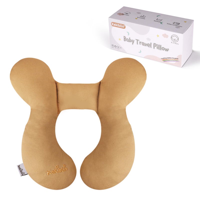 KAKIBLIN Baby Travel Pillow, Infant Head and Neck Support Pillow for Car Seat, Pushchair, for 0-1 Years Old Baby (Brown) - Image 1