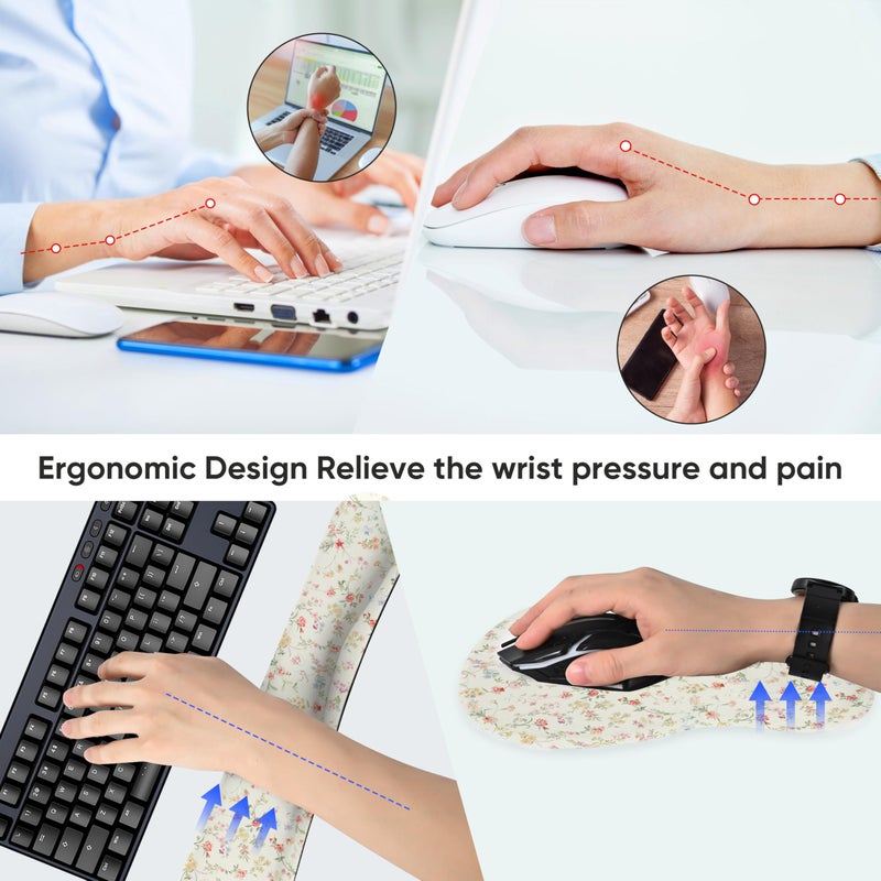 WINTOJO Wrist Rest Support for Mouse Pad Keyboard Set Circle Coaster Gaming Mouse Pad Ergonomic Gel Memory Foam Set for Computer, Laptop, Office, Pain Relief, Comfortably Typing Flowers KM-39 - Image 5