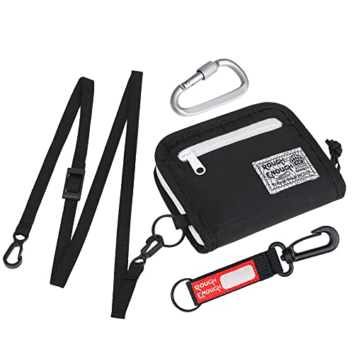 RE ROUGH ENOUGH Rough Enough Boys Wallet for Teen Kids Men Neck Lanyard Card Holder Pouch with Zipper Keychain Coin Purse Black Cordura - Image 1