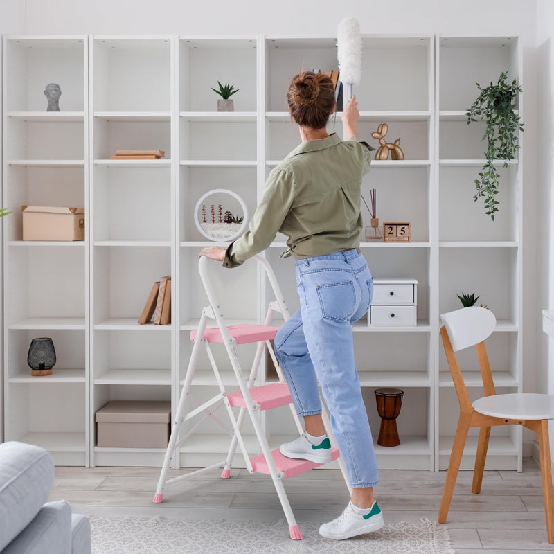 BONTEC 3-Step Ladder, Folding Step Stool, 600lbs Max Load Capacity, Sturdy Steel, Non-Slip Pedals, Lightweight, Portable Steel Ladder with Convenient Handrail, Safety Design for Home & Work, Pink - Image 4