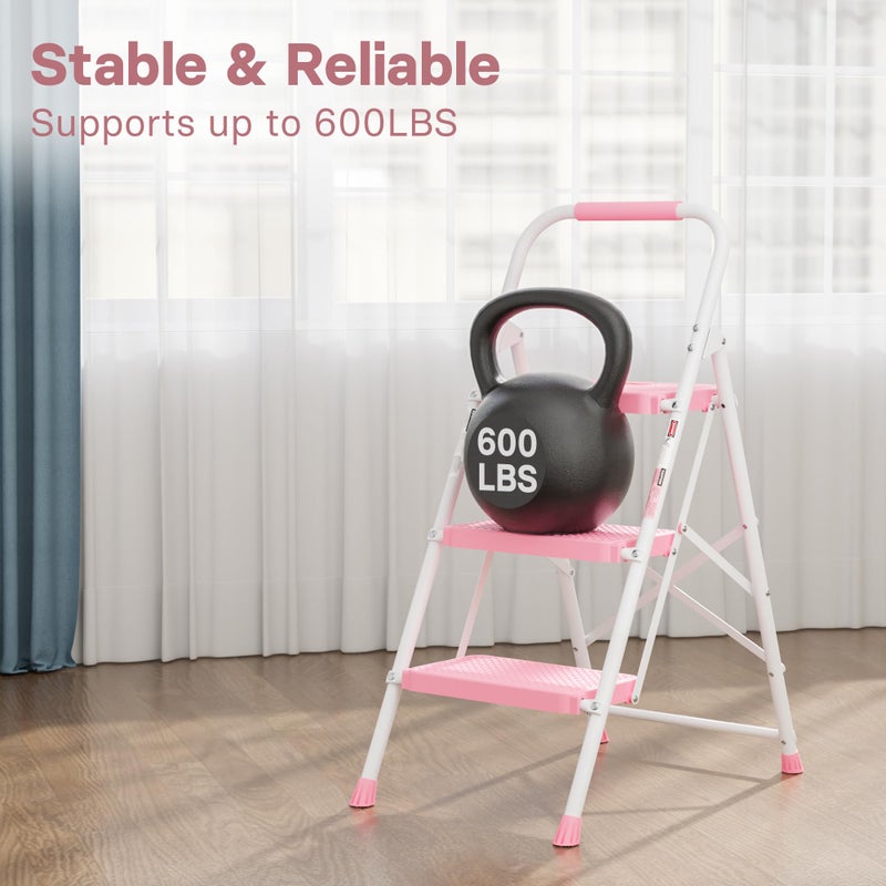 BONTEC 3-Step Ladder, Folding Step Stool, 600lbs Max Load Capacity, Sturdy Steel, Non-Slip Pedals, Lightweight, Portable Steel Ladder with Convenient Handrail, Safety Design for Home & Work, Pink - Image 3