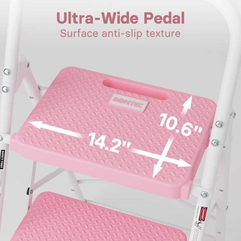 BONTEC 3-Step Ladder, Folding Step Stool, 600lbs Max Load Capacity, Sturdy Steel, Non-Slip Pedals, Lightweight, Portable Steel Ladder with Convenient Handrail, Safety Design for Home & Work, Pink - Image 2