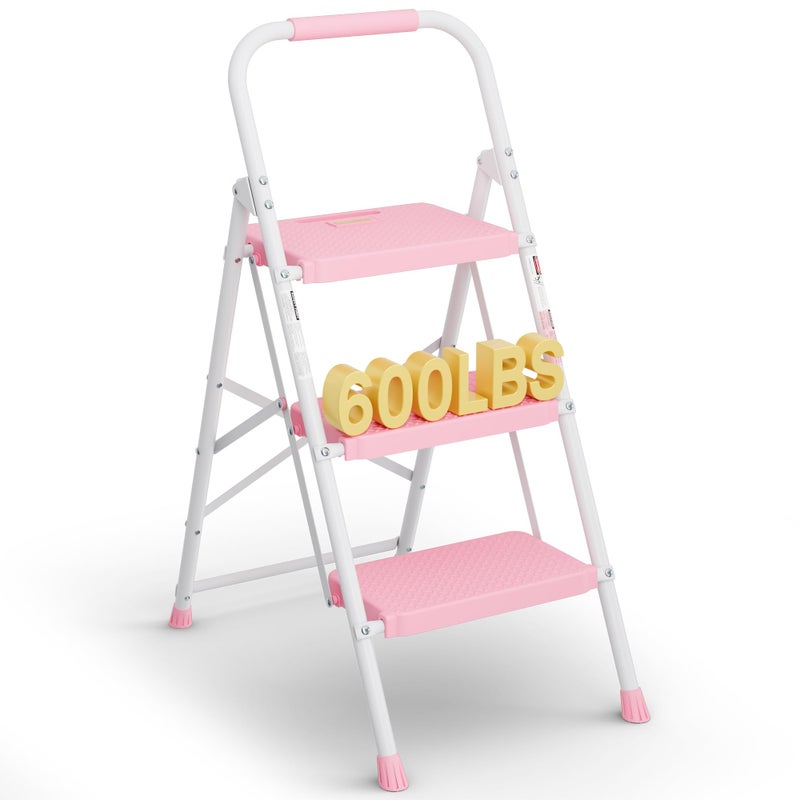 BONTEC 3-Step Ladder, Folding Step Stool, 600lbs Max Load Capacity, Sturdy Steel, Non-Slip Pedals, Lightweight, Portable Steel Ladder with Convenient Handrail, Safety Design for Home & Work, Pink - Image 1