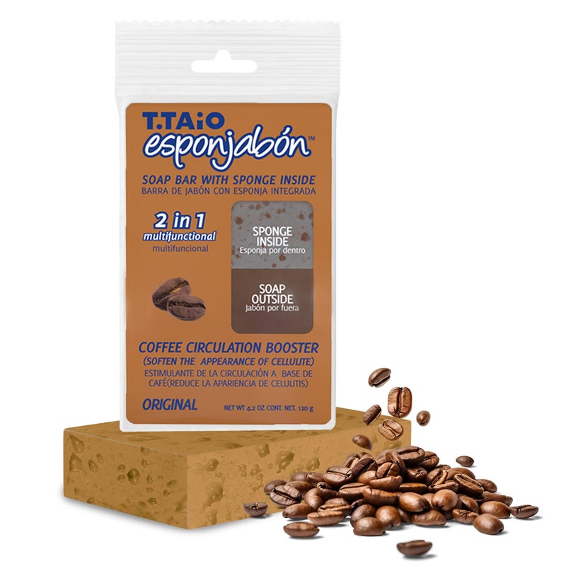 T. Taio T.Taio Coffee Esponjabon Soap Sponge - Gentle Shower Scrubber - Cleaning Bath Wash Scrub - Dirt & Oil Removal - Massage & Lather Foot, Elbow, & Face Bathroom Accessories Fresh Nacre Scent - Image 1