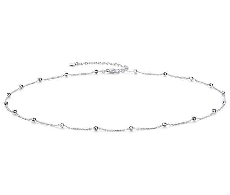 EPIRORA Choker Necklace for Women 925 Sterling Silver White Gold Plated Dainty Satellite Bead Chain Pendant Minimalist Jewelry, 16''+2"