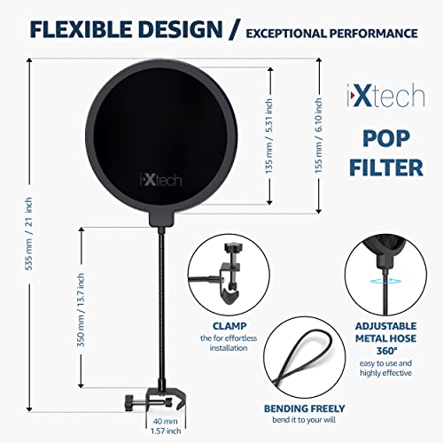 i-XTECH IXTECH Pop Filter for Mic Pop Filter for Blue Yeti Microphone Pop Filter Mic Pop Filter Dual Layered Sound Shield Guard Windscreen with a Flexible 360 Degree Gooseneck Clip Stabilizing. - Image 2