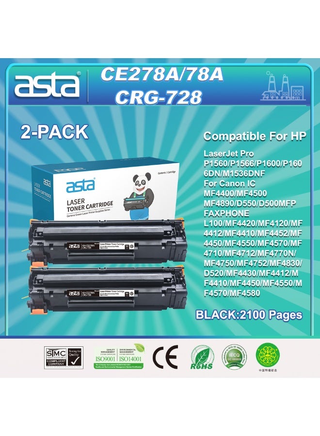 Asta 2-PACK ASTA CRG728 CE278A 78A Universal Toner Cartridge Compatible For HP Canon LaserJet Pro P1560 P1566 P1567 P1568 P1569 P1600 P1601 P1602 P1605 P1606DN P1607DN P1608DN P1609DN M1530 M1536DNF M1537 M1538 M1539DNF ImageCLASS MF4220N MF4430 i-sensys MF4410 Printer CRG-728 CRG 728 High Quality Fast Printing Reliable Compatibility - Image 1