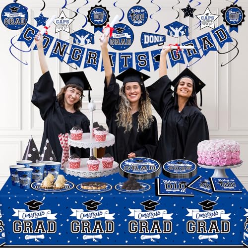 DAZONGE Graduation Decorations 2025 Blue, 2025 Graduation Party Decorations for 50 Guests, Disposable Tableware Set, Plates, Cups, Tablecloth with Congrats Grad Hanging Decor - Image 2